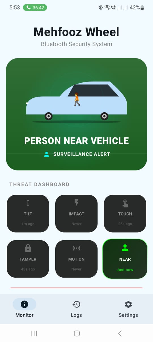 MehfoozWheel app screen showing nearby movement alert