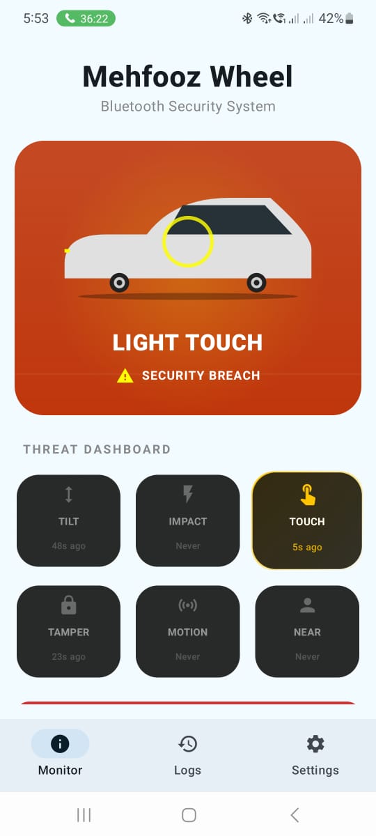 MehfoozWheel app screen showing light touch alert