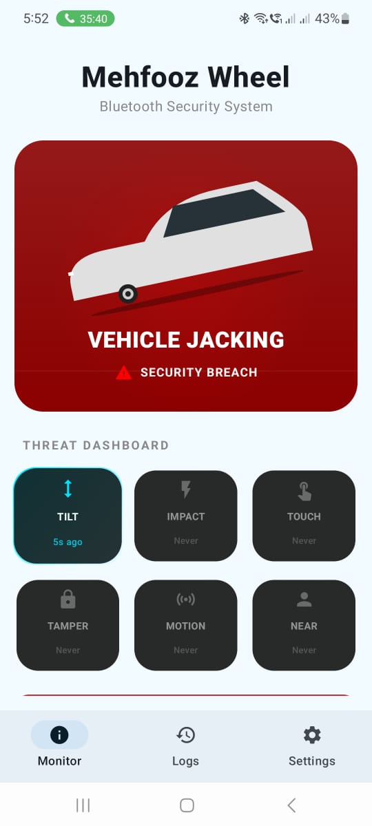 MehfoozWheel app screen showing jacking alert