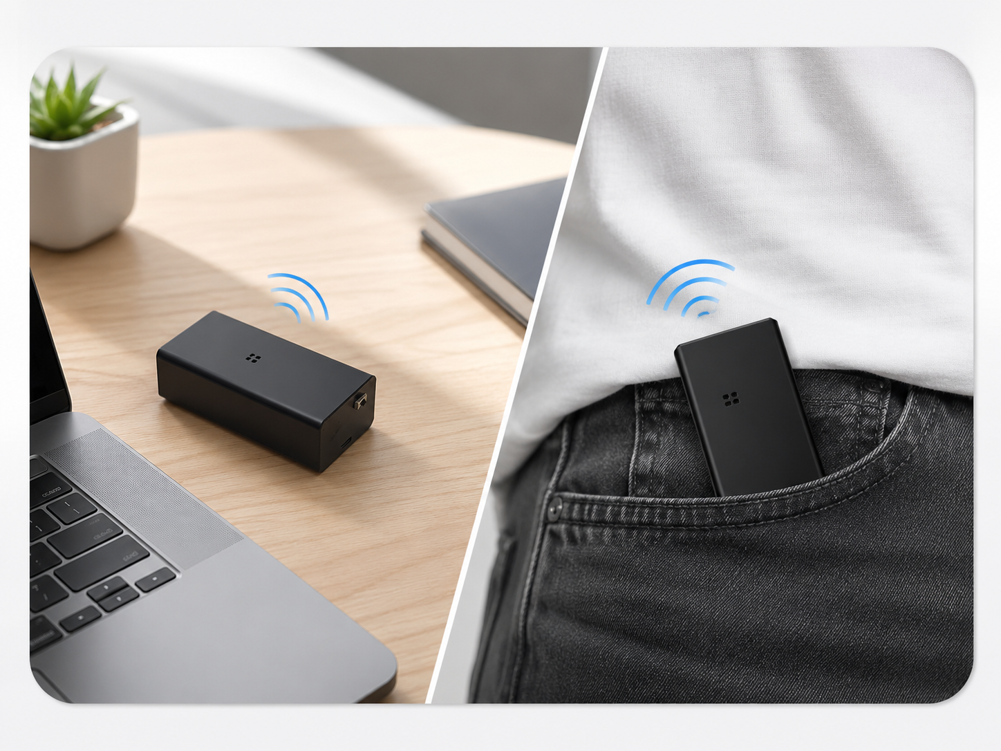 MehfoozWheel portable receiver shown on a desk and carried in a pocket