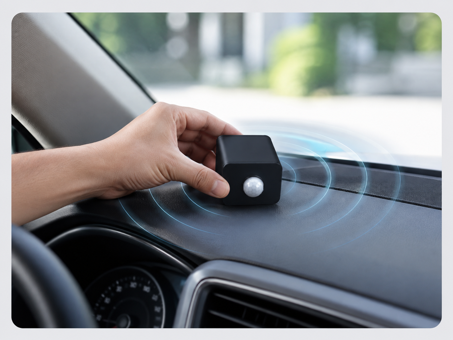 MehfoozWheel transmitter with white sensor ball being placed on a car dashboard